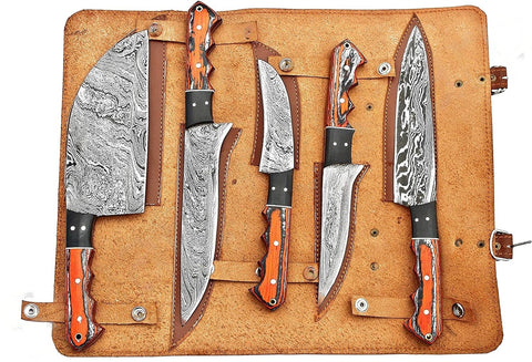 Premium Custom Damascus Steel Chef Knives Set 5 Piece Kitchen Knives with Natural Poplar Wood Handles